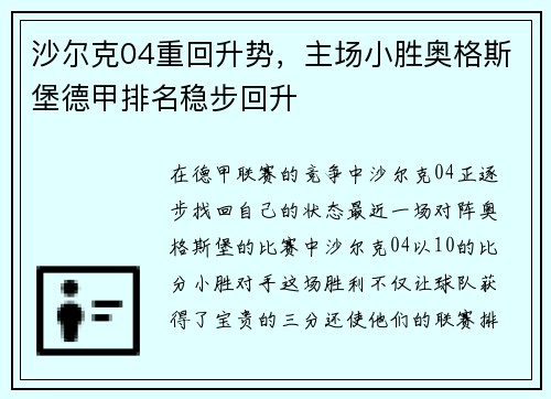 沙尔克04重回升势，主场小胜奥格斯堡德甲排名稳步回升