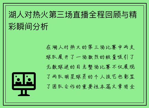 湖人对热火第三场直播全程回顾与精彩瞬间分析